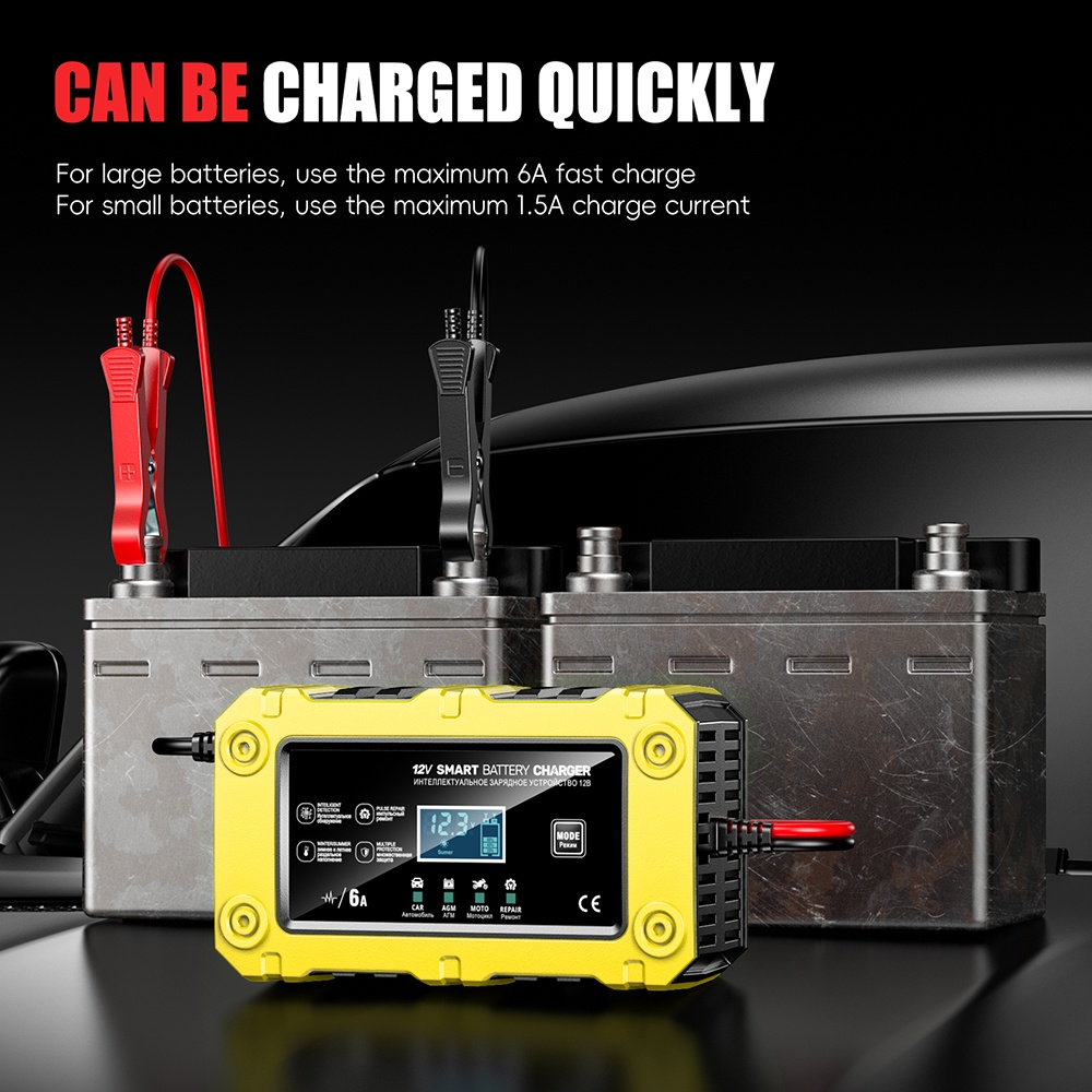 Incarcator Inteligent Baterie Auto/Moto Techstar 12V 6A BC-1206, LCD, Repair, AGM/GEL/WET/EFB/LiFePO4 Galben - imagine 14