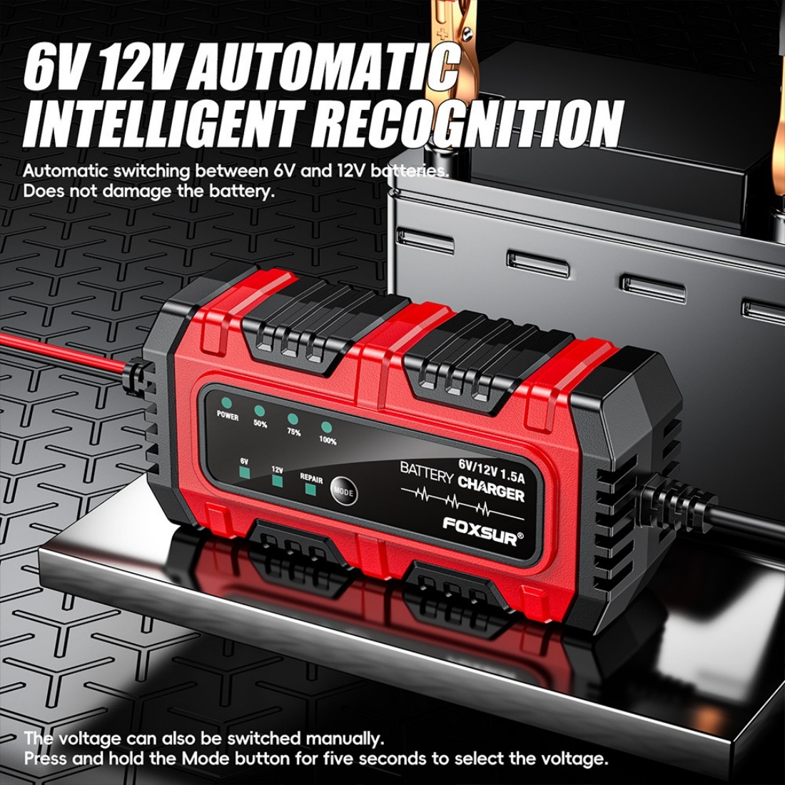 Incarcator redresor inteligent de baterie Foxsur Moto/Auto 6V-12V, 4Ah–30Ah, cu Mod Reparare si Detectare Automata - 1 | YEO