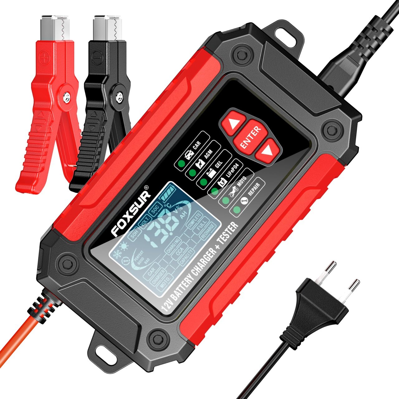 Incarcator și Tester Baterie FOXSUR FTC-1206 2-in-1, 12V/6A – Redresor Inteligent pentru Baterii Auto si Moto cu Functii Desulfatare, Reparare prin Impulsuri, Rosu/Negru