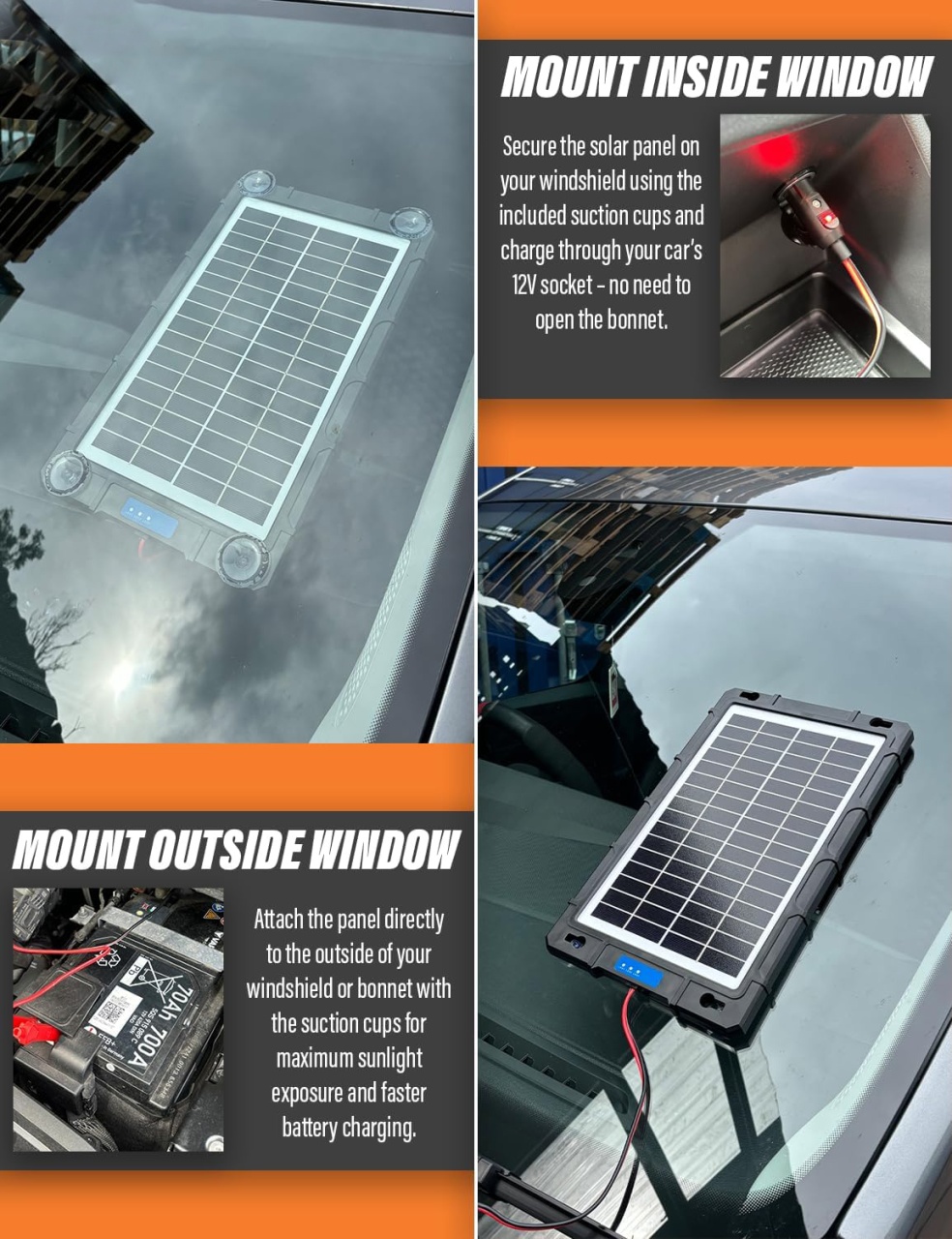 Incarcator solar auto Techstar 7.5W waterproof, pentru baterii 12V, panou portabil cu cleme crocodil, mufa bricheta si protectii inteligente supraincarcare - 1 | YEO
