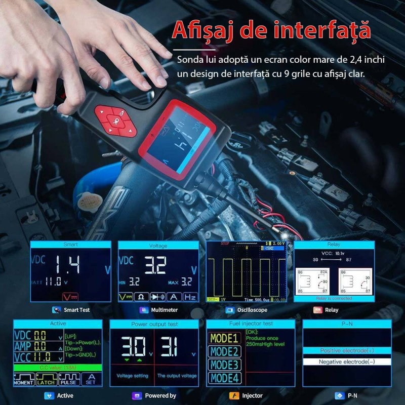 Poze Instrument de diagnosticare inteligent pentru circuite electrice TopDiag P200, 12-24V, 18A, Afisaj LCD, pentru auto, moto, camion, barci, Negru/Rosu