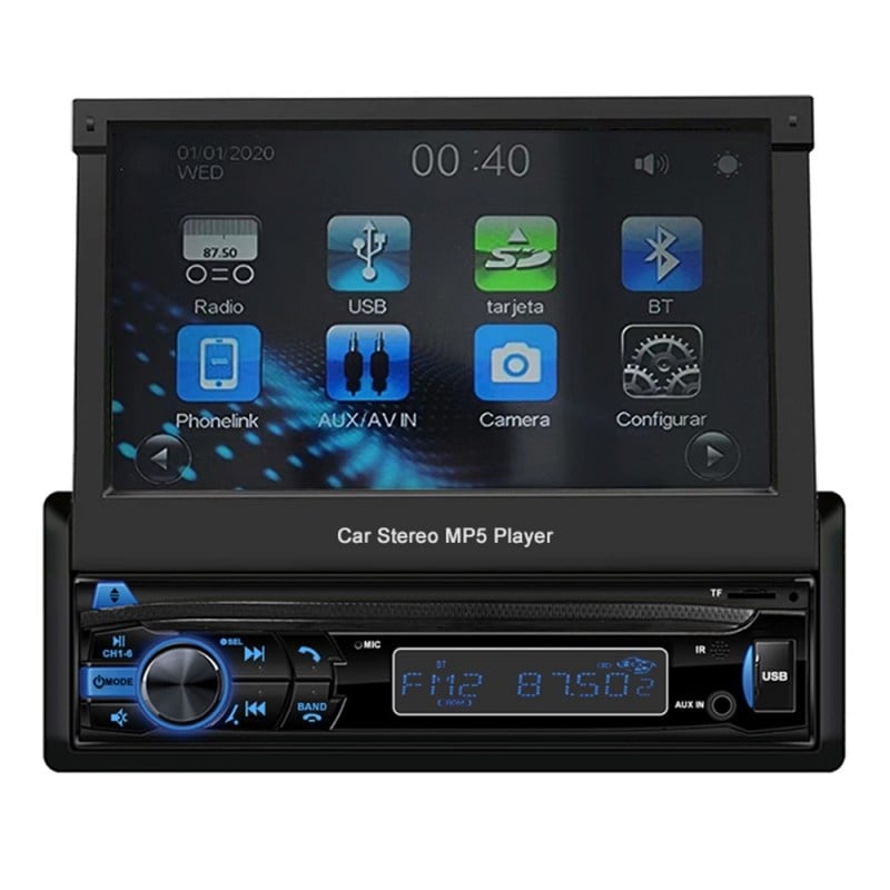 Mp5 Player Auto 1 DIN Techstar® 7100, Ecran Retractabil 7 Inch, Touchscreen, Bluetooth, USB, AUX, TF Card, MirrorLink, Navigatie, Negru