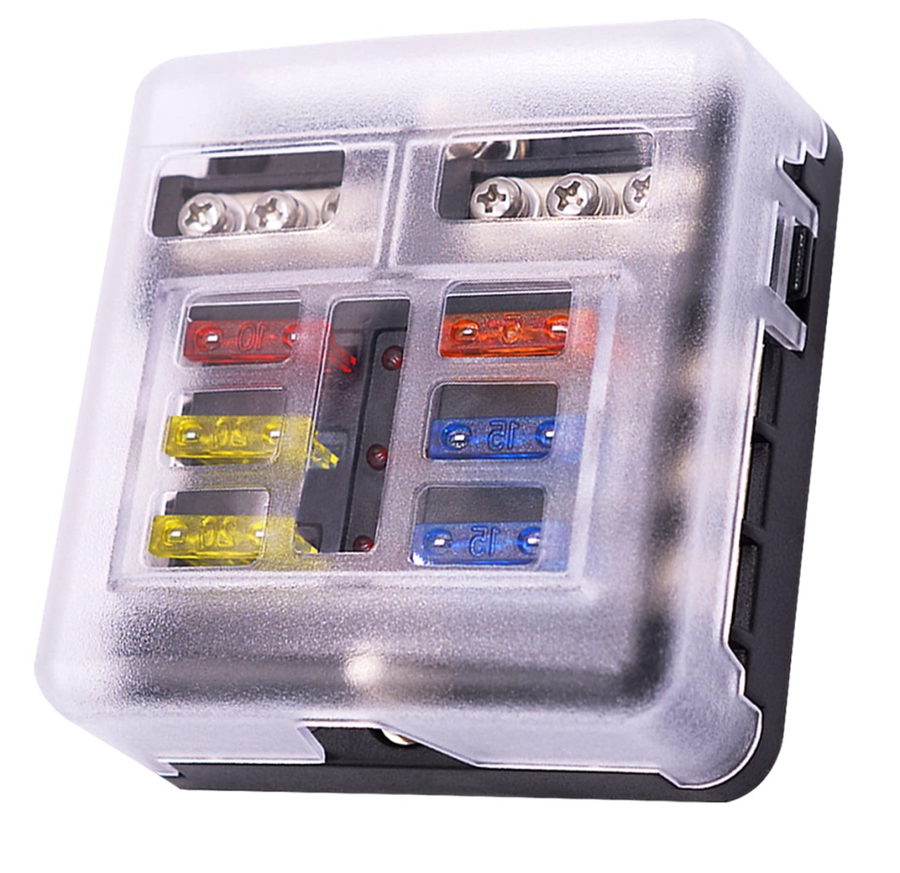 Panou sigurante auto cu 6 circuite, 12V/24V, cu bara negativa, capac protectie, etichete si sigurante incluse – max. 100A / 30A pe circuit