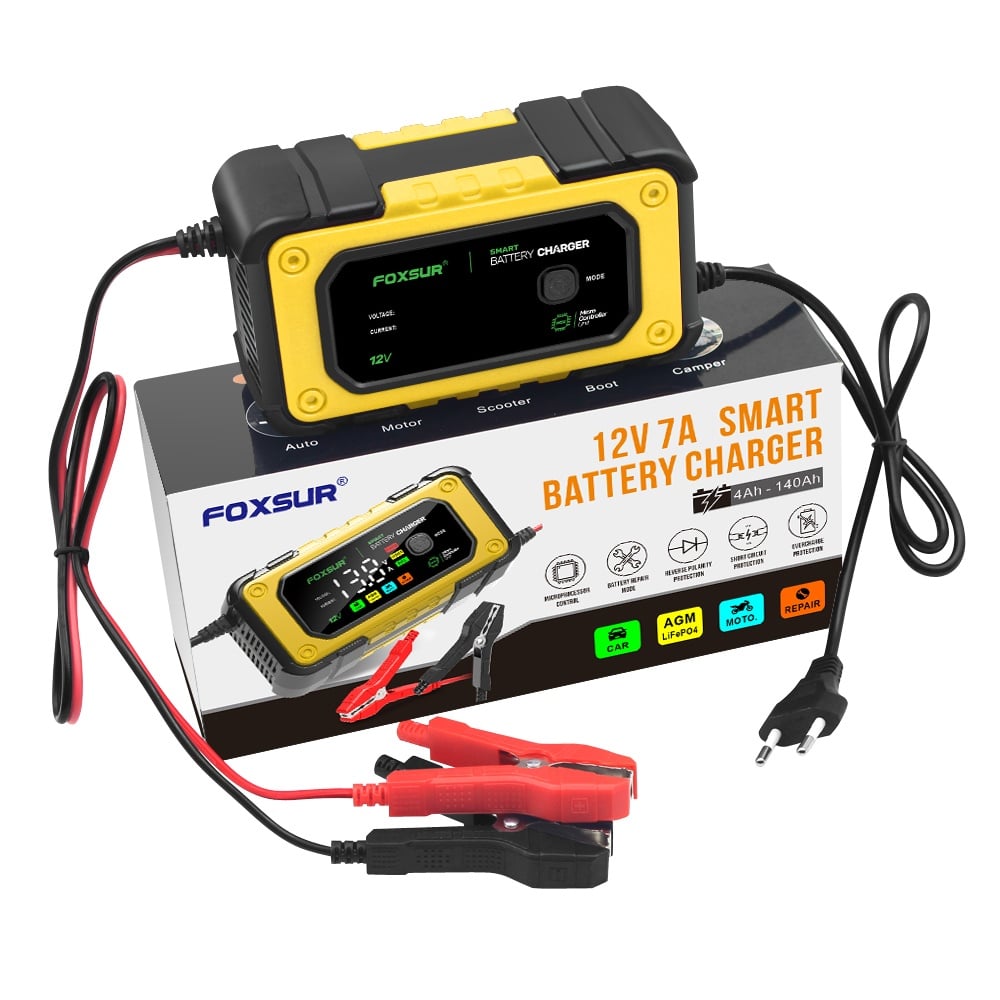 Redresor Auto Digital FOXSUR 12V 7A cu Ecran LED, Încărcare Baterii Auto și Moto 4Ah-140Ah, Funcție de Reparație prin Impulsuri, Protecție Supratensiune și Supracurent, Galben - 2 | YEO