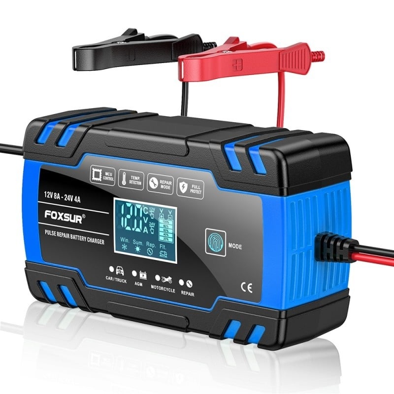 Resigilat Incarcator Baterie Auto Cu Microprocesor Foxsur B0228-L, 12/24V, 4/8A, Display LCD, Functie De Reparare Cu Puls, 170x98x58mm, Albastru - imagine 3