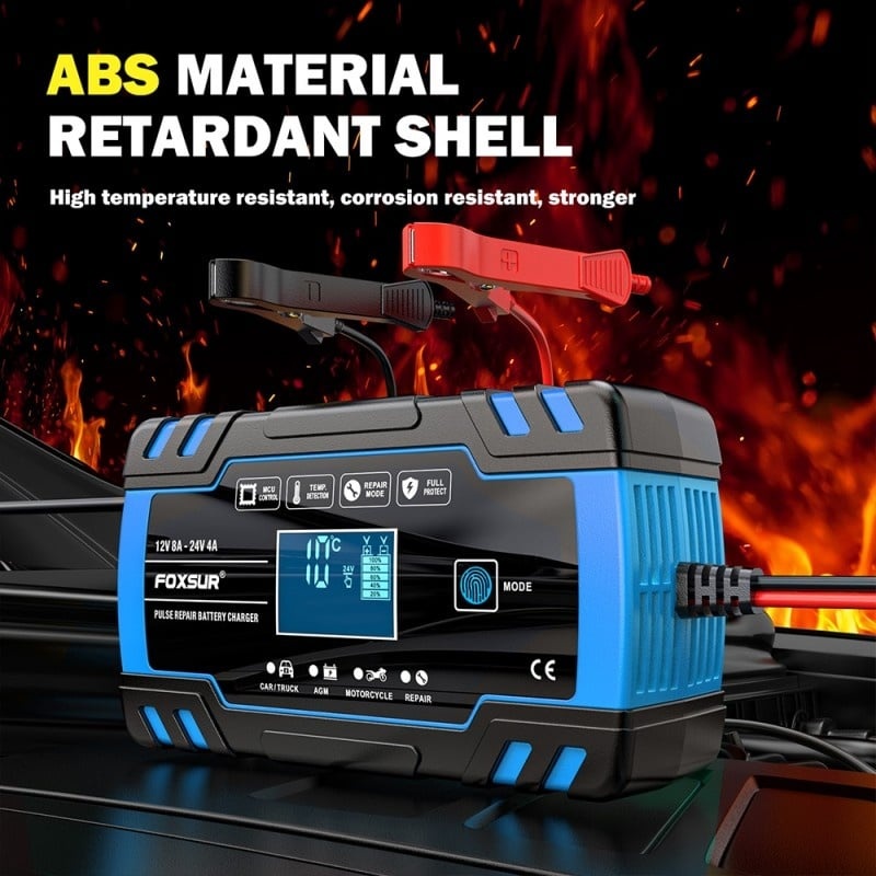 Resigilat Incarcator Baterie Auto Cu Microprocesor Foxsur B0228-L, 12/24V, 4/8A, Display LCD, Functie De Reparare Cu Puls, 170x98x58mm, Albastru - imagine 13