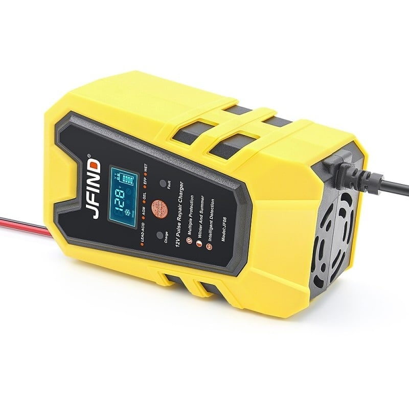 Resigilat Incarcator Inteligent pentru Baterie Auto Jfind, 12V, 6A, 90W, Functie Puls de Reparare, Afisaj LCD, Masina, Camion, Motocicleta, Galben/Negru - 1 | YEO