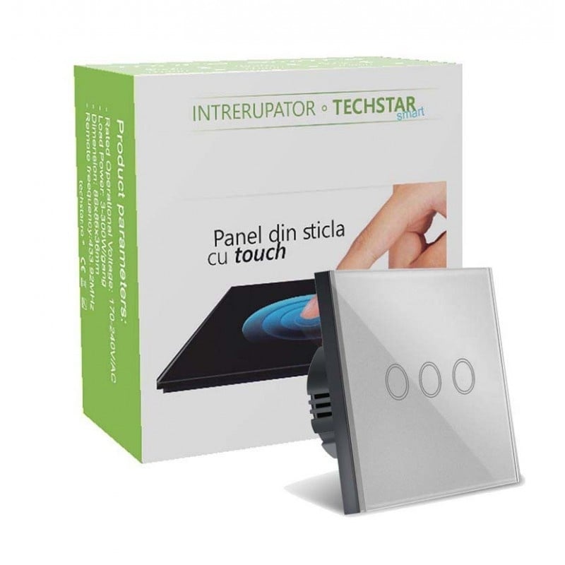 Resigilat Intrerupator Touch Techstar®, Sticla Securizata, Design Modern, Iluminare LED, 3 Faze, Gri - 2 | YEO