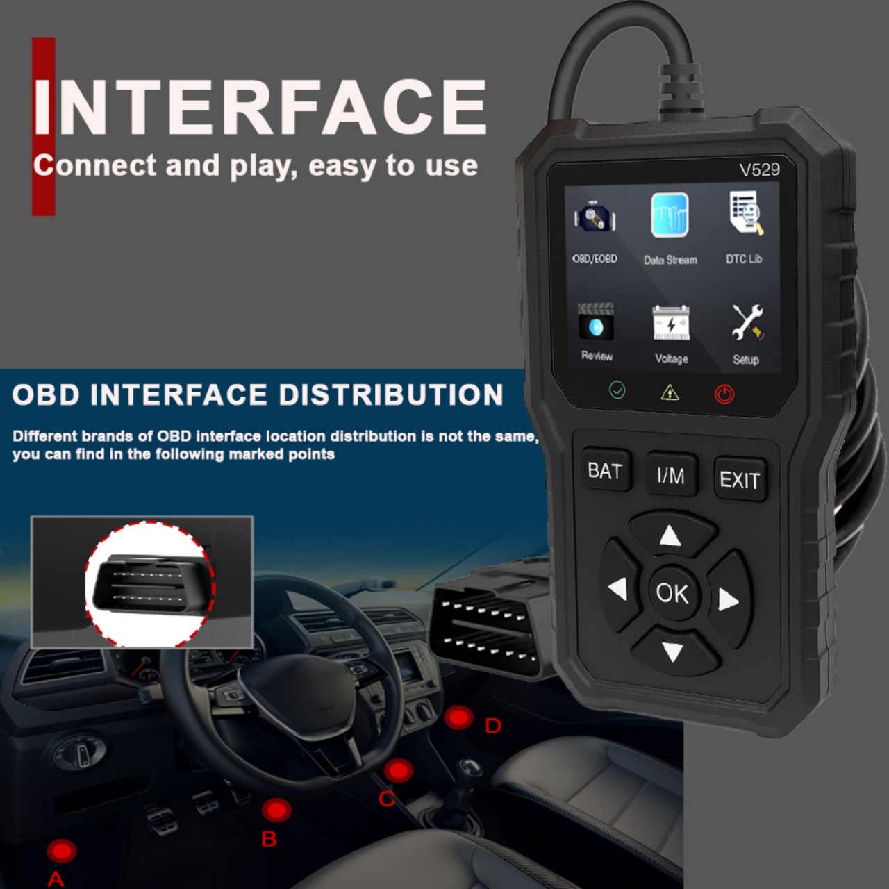 Tester auto diagnoza OBD2 Foxsur V529, test baterie, DTC Lookup, 10 limbi, coduri motor, senzor O2, EVAP, Freeze Frame, I/M, Negru - 1 | YEO