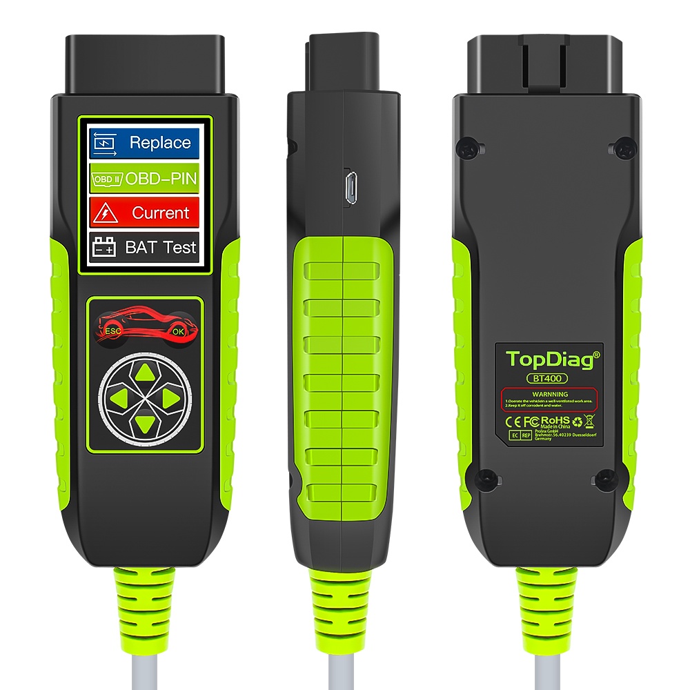 Tester auto Topdiag BT400 4 in 1, test baterie, tensiune pini OBD2, pierderi curent, asistenta inlocuire acumulator, cranking, incarcare, 12V/24V - 1 | YEO