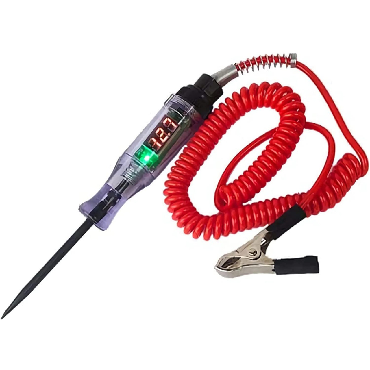 Tester tensiune auto 6–24V DC cu afisaj digital, cablu spiralat rosu, sonda metalica subtire, clema crocodil – verificare baterie, sigurante, conectori