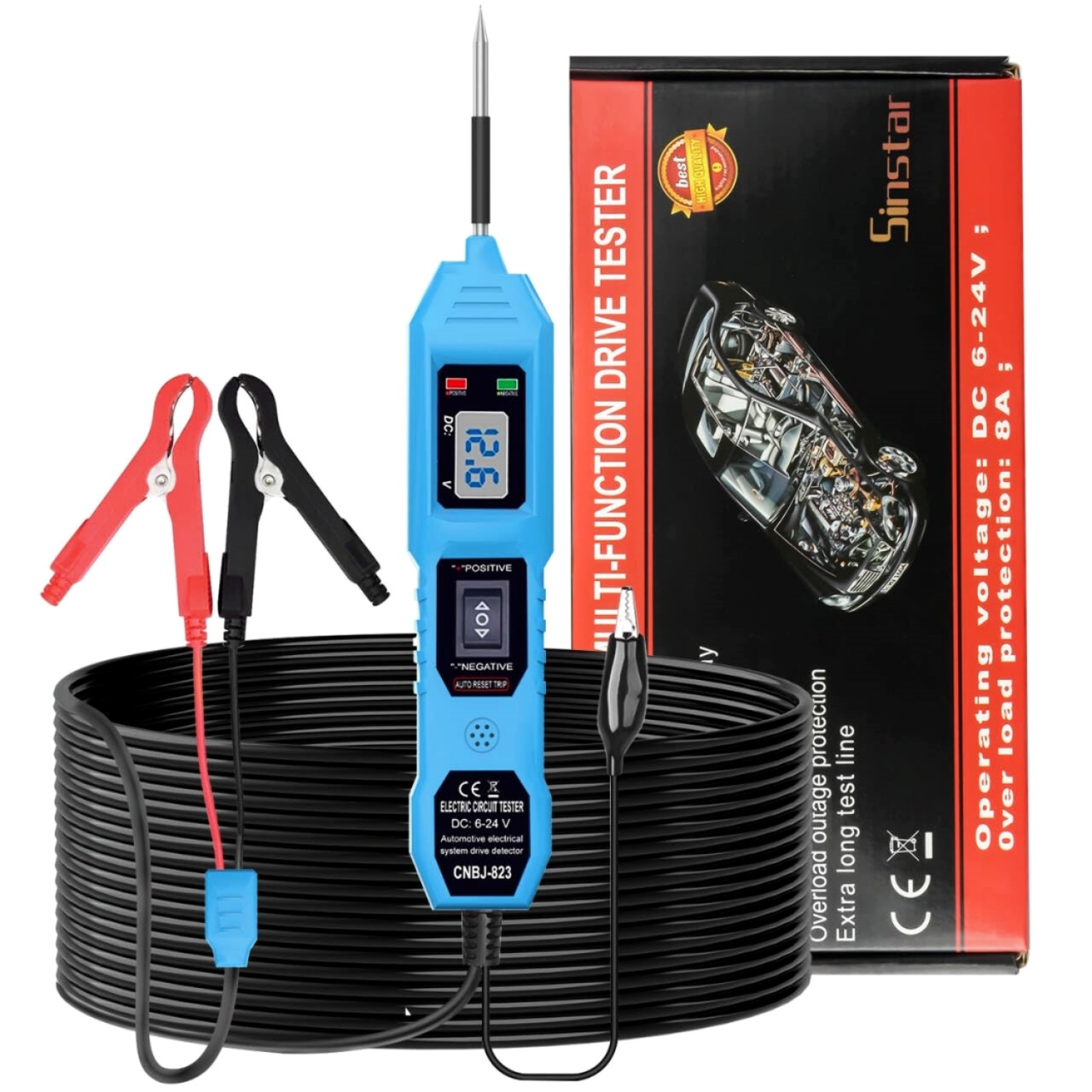 Tester Tensiune Auto Circuite Electrice Techstar® 823, 6-24V cu Afisaj LCD, LED, Clesti si Sonda Otel Inoxidabil