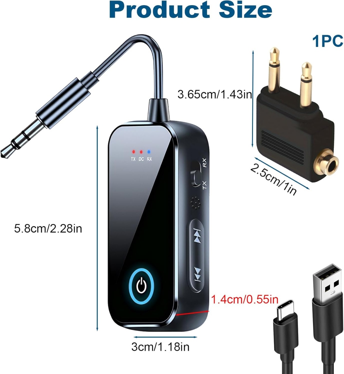 Adaptor Audio Bluetooth 6.0 Techstar T80 TX/RX 2in1, Jack 3.5mm, Dual Connection, Microfon, USB-C, pentru TV/PC/Auto/Avion - imagine 4