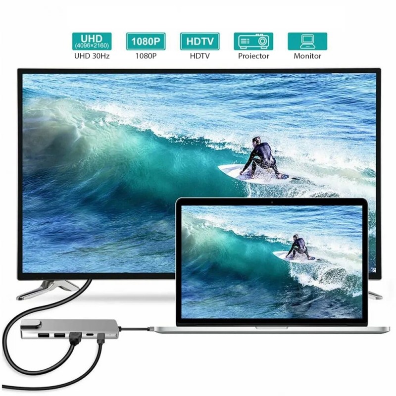 Poze Adaptor Hub Multifunctional 6 In 1 Techstar® ZFZ6IN1B, HDMI 4K, USB-C, 1 X USB 3.0, 1 X USB 2.0, LAN RJ45 Ethernet, Cititor de carduri SD/TF, PD Port, Argintiu