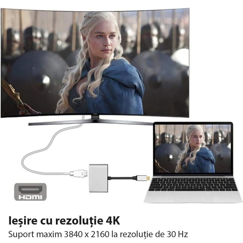 Adaptor multifunctional 2 in 1 USB-C la HDMI Techstar® DJ2IN1, HDMI 4K, VGA 1080P, 1 x USB 3.0, PD Port, Argintiu - 2 | YEO