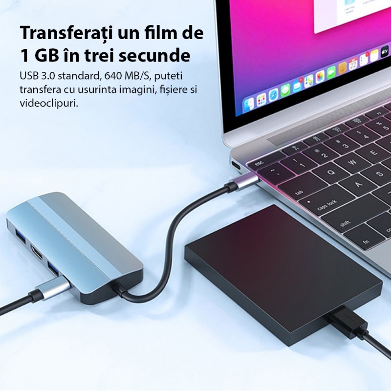 Adaptor multifunctional 7 in 1 USB-C la HDMI Techstar® CYC7IN1B, HDMI 4K, LAN RJ45 Ethernet, 1 x USB 3.0, 1 x USB 2.0, Cititor De Carduri SD/TF, PD Port, Gri - 3 | YEO