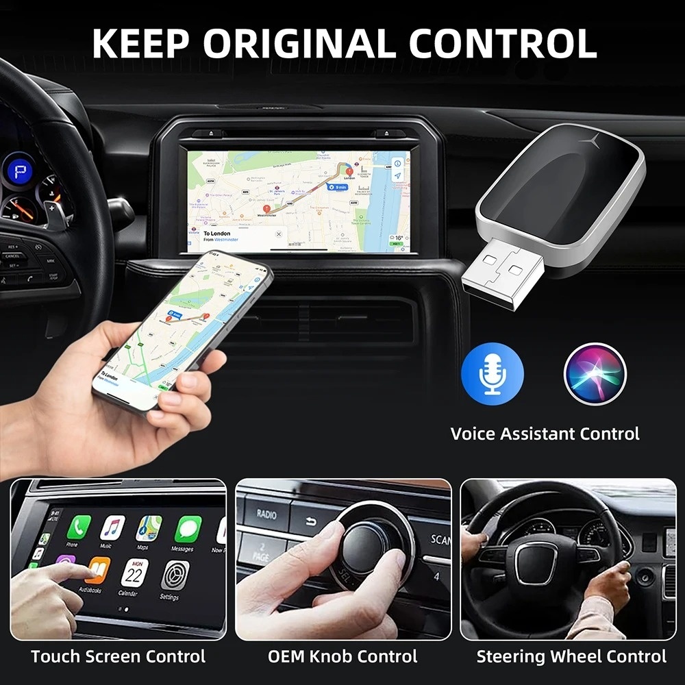 Adaptor Wireless 2-in-1 Apple CarPlay & Android Auto Techstar® M17 – USB/USB-C (Adaptor inclus), Wi-Fi 5.8GHz + Bluetooth, Plug & Play, Mini Compact - imagine 2