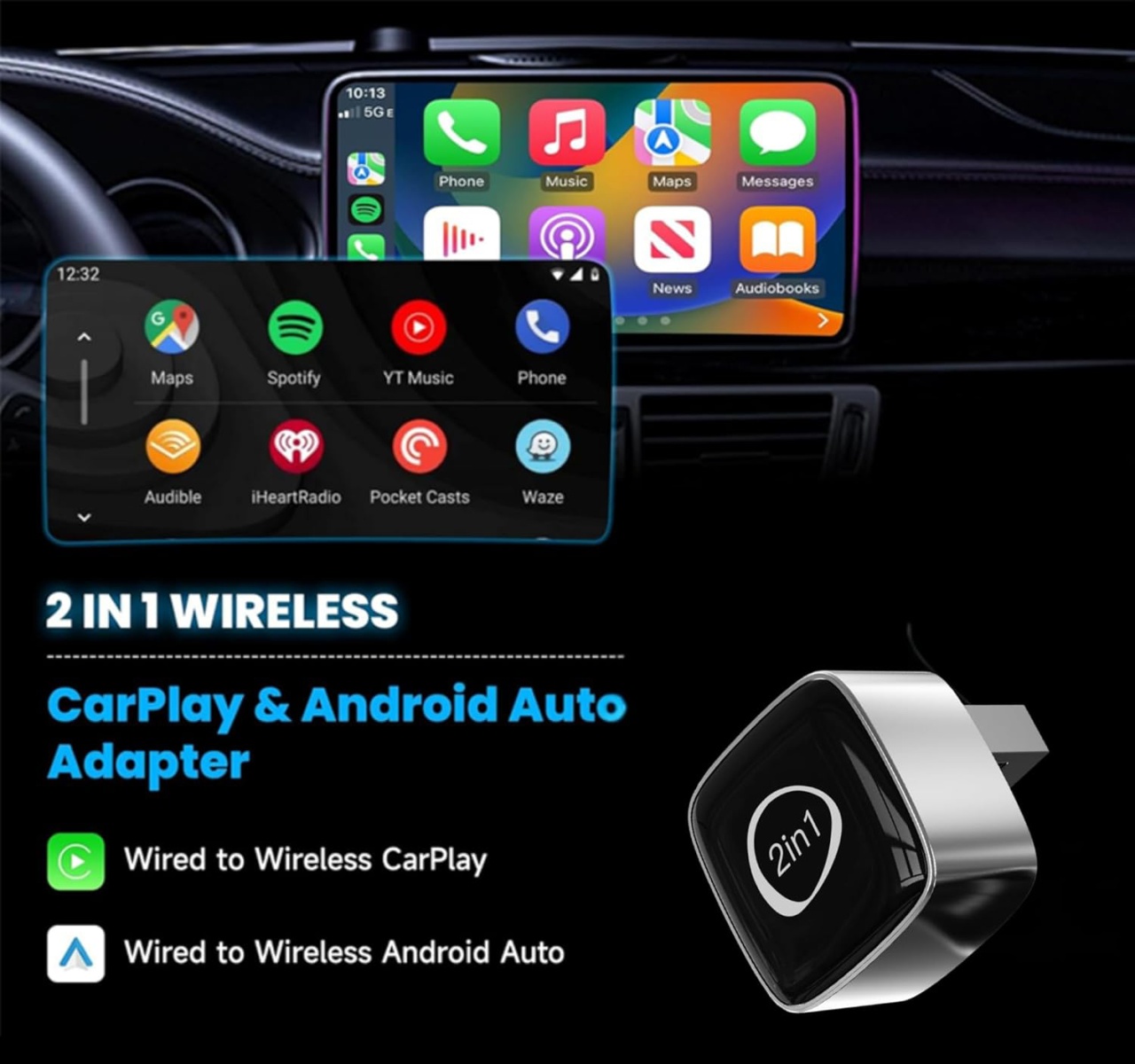 Adaptor Wireless CarPlay & Android Auto Techstar M5 2 in 1, USB Mini, BT + Wi-Fi 5GHz, Buton Comutare/Reset, Reconectare Automata, Plug & Play - imagine 2