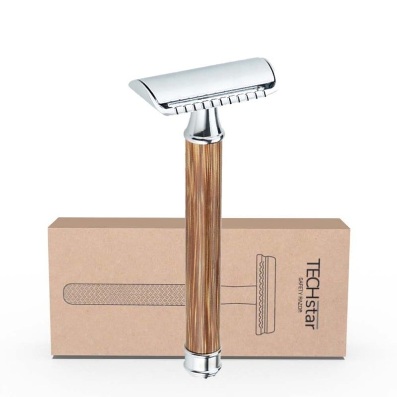 Aparat de ras Classic Safety Razor Techstar® SR12, Aliaj de Zinc, Cu Lame De Rezerva, Reutilizabil, Ecologic, Maner Bambus, Argintiu - 1 | YEO