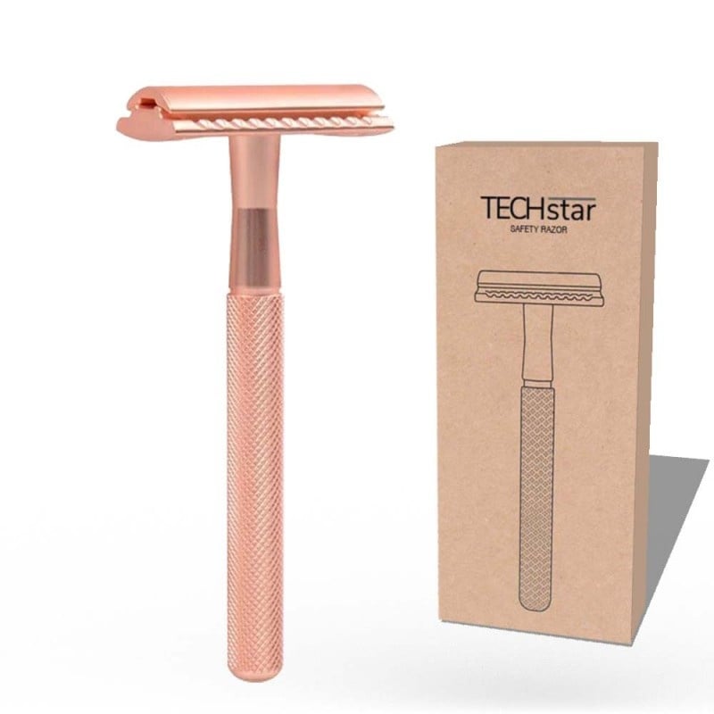 Aparat de ras Classic Safety Razor Techstar® SR3, Aliaj de Zinc, Cu Lame De Rezerva, Reutilizabil, Ecologic, Rose Gold - 2 | YEO