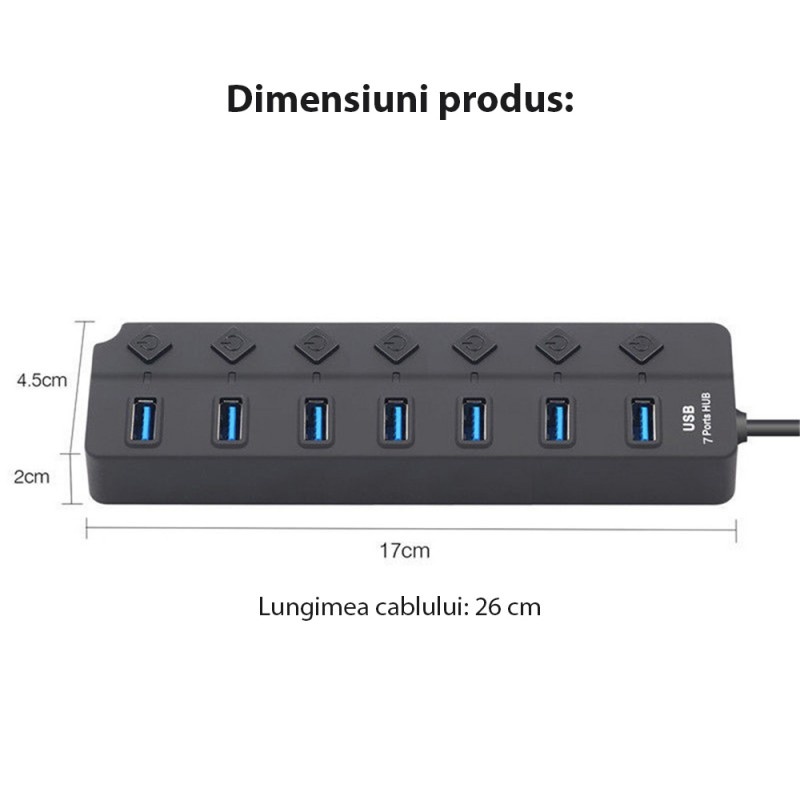 Hub USB cu 7 porturi Techstar® HUBA2401, 7 x USB 2.0, indicator LED pentru putere, comutator independent, Negru - 2 | YEO