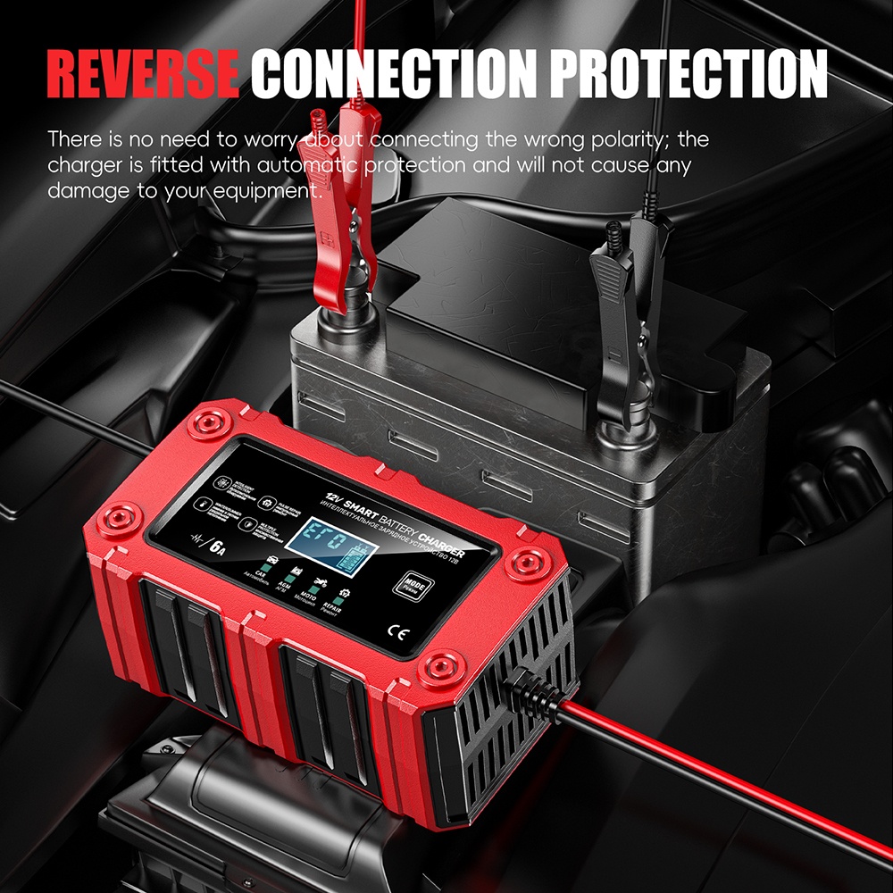 Incarcator Inteligent Baterie Auto/Moto Techstar 12V 6A BC-1206, LCD, Repair, AGM/GEL/WET/EFB/LiFePO4 Rosu - imagine 15