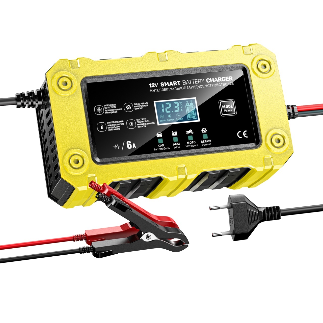 Incarcator Inteligent Baterie Auto/Moto Techstar 12V 6A BC-1206, LCD, Repair, AGM/GEL/WET/EFB/LiFePO4 Galben - imagine 2