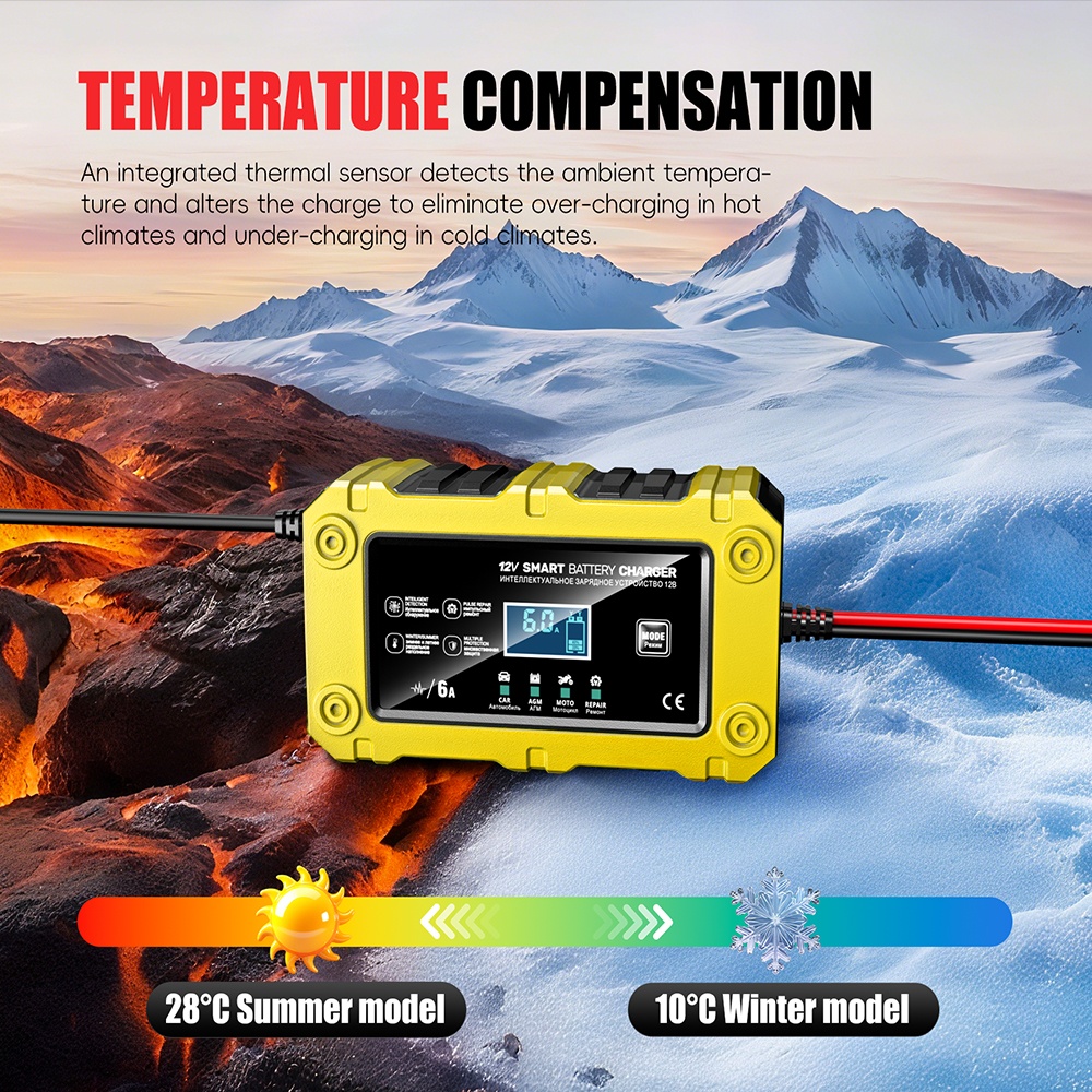 Incarcator Inteligent Baterie Auto/Moto Techstar 12V 6A BC-1206, LCD, Repair, AGM/GEL/WET/EFB/LiFePO4 Galben - imagine 21