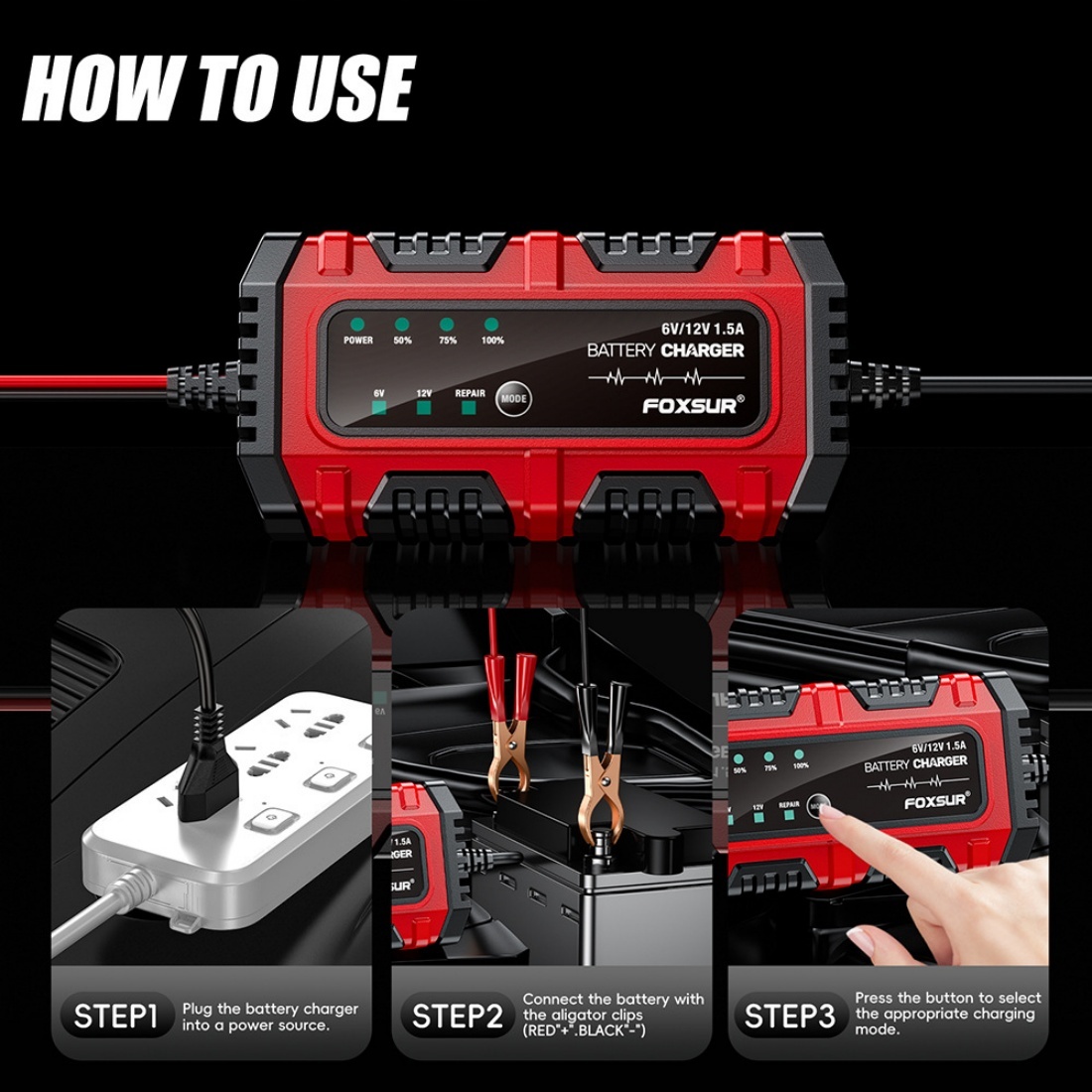 Incarcator redresor inteligent de baterie Foxsur Moto/Auto 6V-12V, 4Ah–30Ah, cu Mod Reparare si Detectare Automata - 3 | YEO