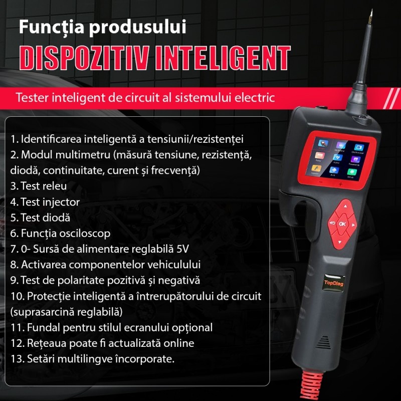 Poze Instrument de diagnosticare inteligent pentru circuite electrice TopDiag P200, 12-24V, 18A, Afisaj LCD, pentru auto, moto, camion, barci, Negru/Rosu