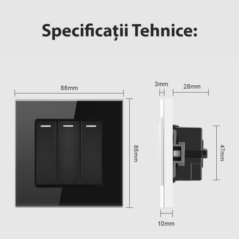 Intrerupator Triplu Cap Scara Cu Panou Din Sticla Securizata Techstar® TGS 01, 220V, 16A, 86 X 86 Mm, Negru, cu 3 Faze - 1 | YEO