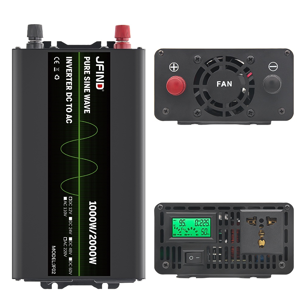 Invertor auto JFIND JF02, unda sinusoidala pura, 12V la 220V, 1000W continuu, 2000W varf, afisaj LCD, protectii multiple, ideal pentru auto, rulote, unelte, aparate sensibile