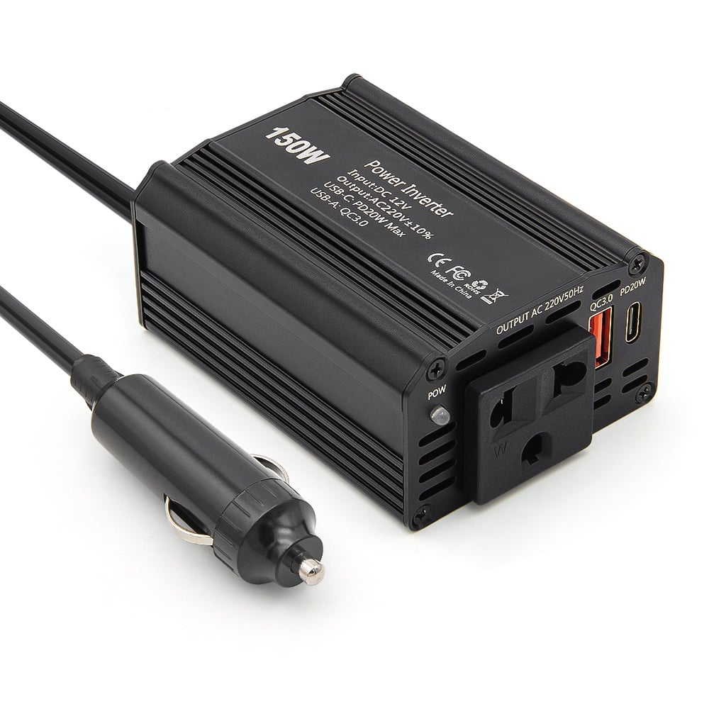 Invertor de Putere Auto Techstar® 150W - 12V DC la 220V AC, cu Porturi USB-C si USB-A pentru Incarcare Rapida