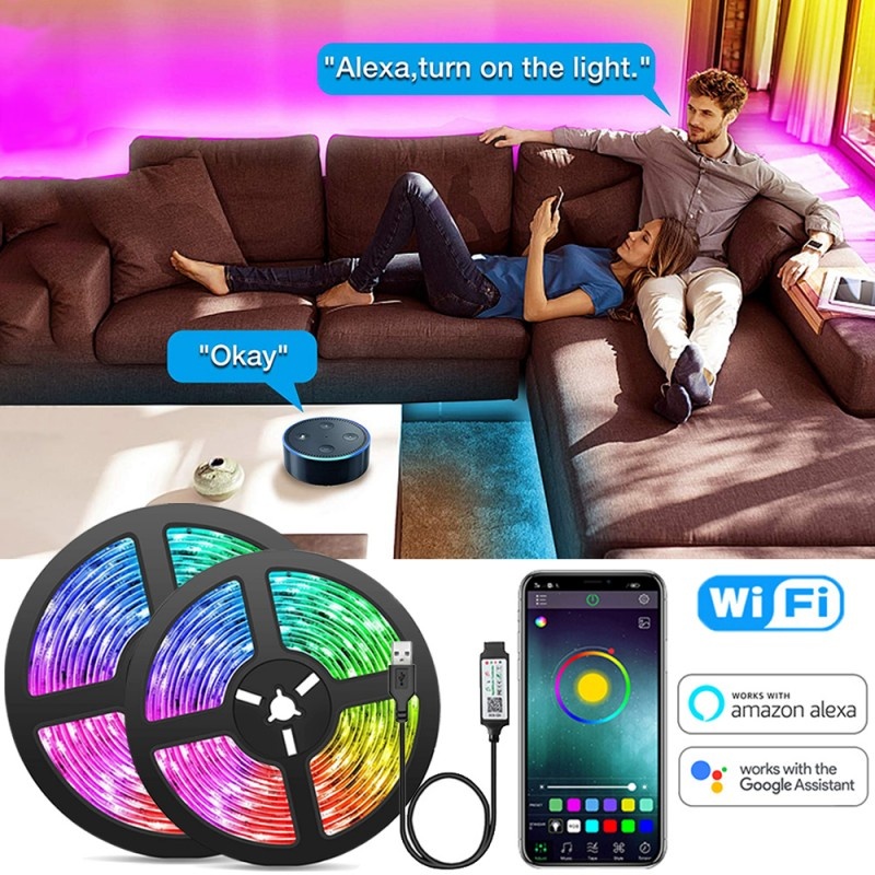 Kit banda LED RGB Smart WiFi Techstar®, SMD 5050, 5m, DC 5V, USB, Control Vocal, Compatibila cu Alexa Amazon si Google Home, Negru - 3 | YEO