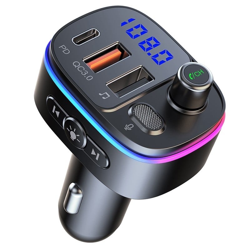 Modulator FM Techstar® T65, Bluetooth 5.0, Voltaj Baterie, USB, QC 3.0 + 18W PD Type C, MicroSD, RGB