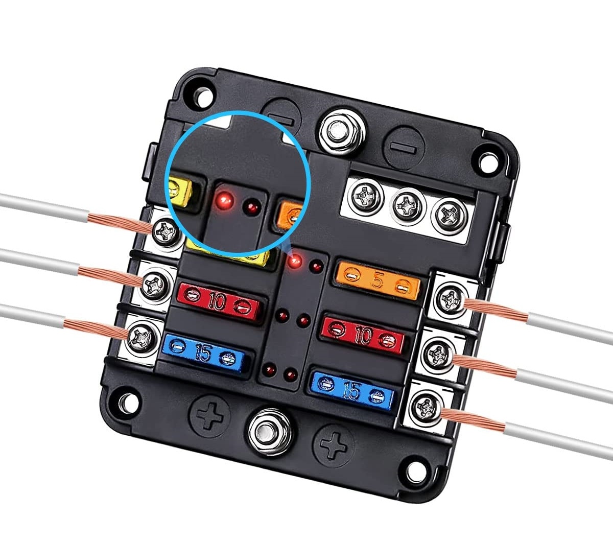 Panou sigurante auto cu 6 circuite, 12V/24V, cu bara negativa, capac protectie, etichete si sigurante incluse – max. 100A / 30A pe circuit - 1 | YEO