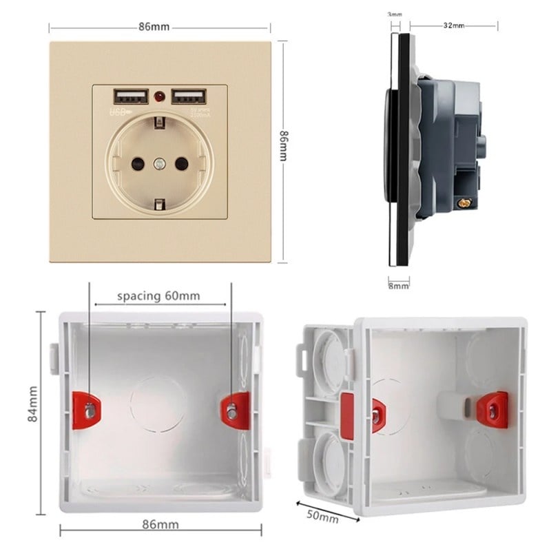 Priza de Perete cu 2 Porturi USB Techstar® TS-PC, 110-250V, 16A, Ignifuga, 86x86mm, Auriu - 2 | YEO