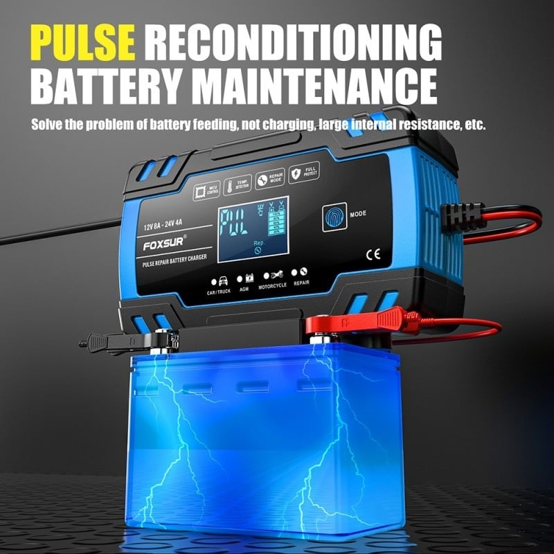 Resigilat Incarcator Baterie Auto Cu Microprocesor Foxsur B0228-L, 12/24V, 4/8A, Display LCD, Functie De Reparare Cu Puls, 170x98x58mm, Albastru - imagine 10
