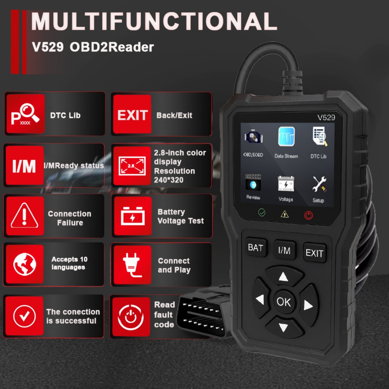 Tester auto diagnoza OBD2 Foxsur V529, test baterie, DTC Lookup, 10 limbi, coduri motor, senzor O2, EVAP, Freeze Frame, I/M, Negru - 2 | YEO