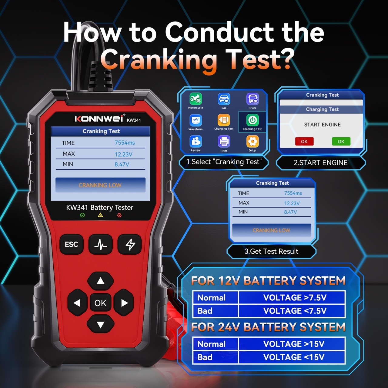 Tester baterie auto KONNWEI KW341 6V 12V 24V, CCA 10–2000, SOH SOC, test alternator si pornire, AGM EFB GEL Litiu, waveform, raport QR - imagine 5