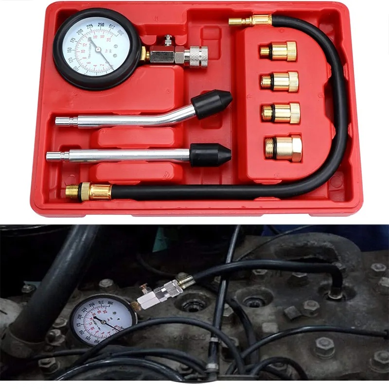 Tester compresie motor benzina Techstar, cu manometru 0-20 bar, furtun flexibil 45cm, 4 adaptoare filetate M10 M12 M14 M18 si 2 adaptoare conice universale - 1 | YEO