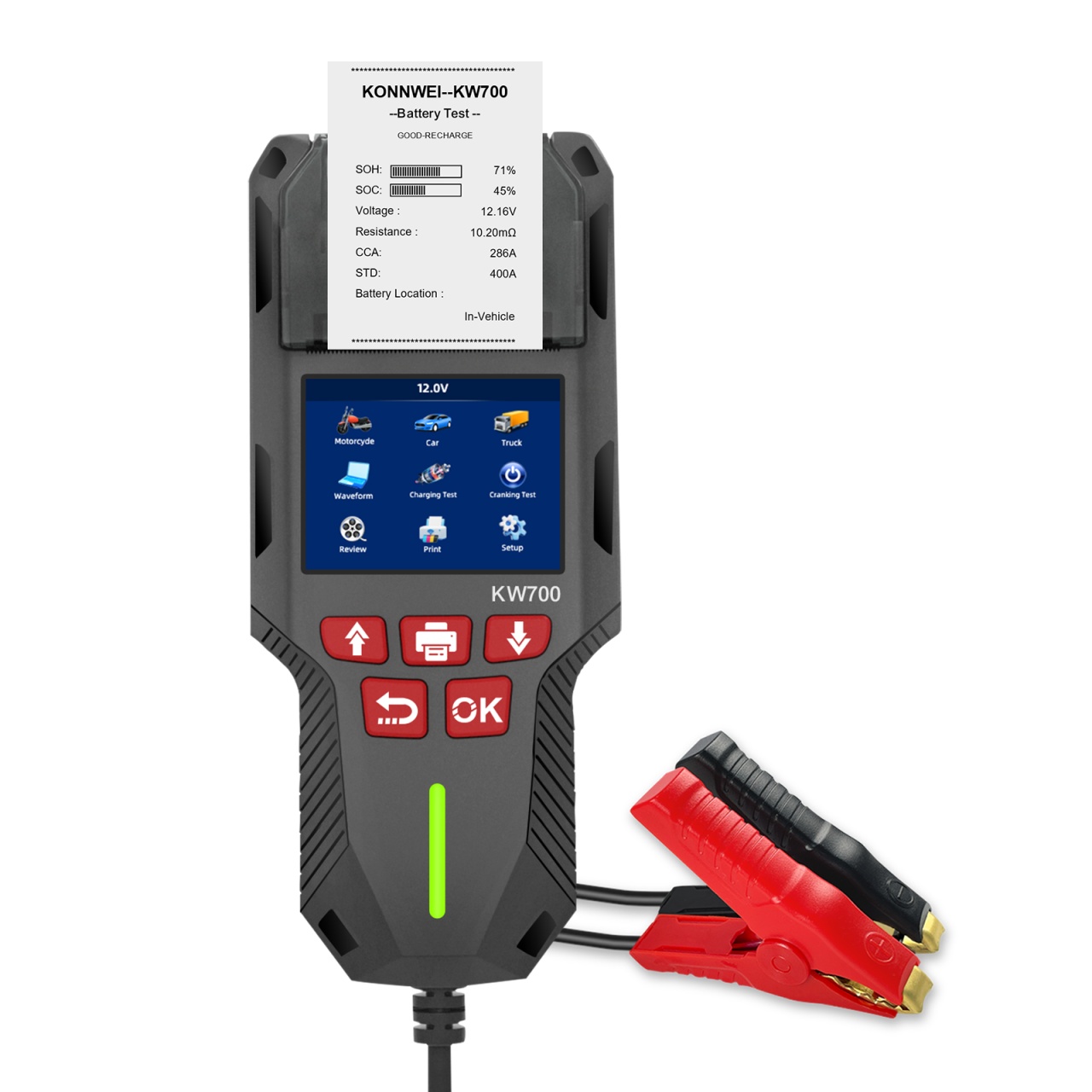 Tester de baterie auto KONNWEI KW700 cu imprimanta integrata, 12V/24V, ecran LCD color, compatibil cu AGM, GEL, EFB, Plumb-acid si Litiu