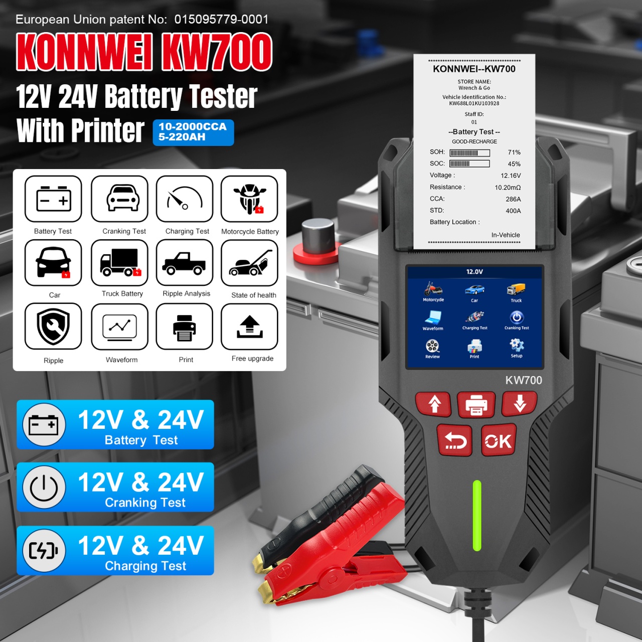 Tester de baterie auto KONNWEI KW700 cu imprimanta termica integrata, 12V/24V, ecran LCD color, compatibil cu AGM, GEL, EFB, Plumb-acid si Litiu - 1 | YEO