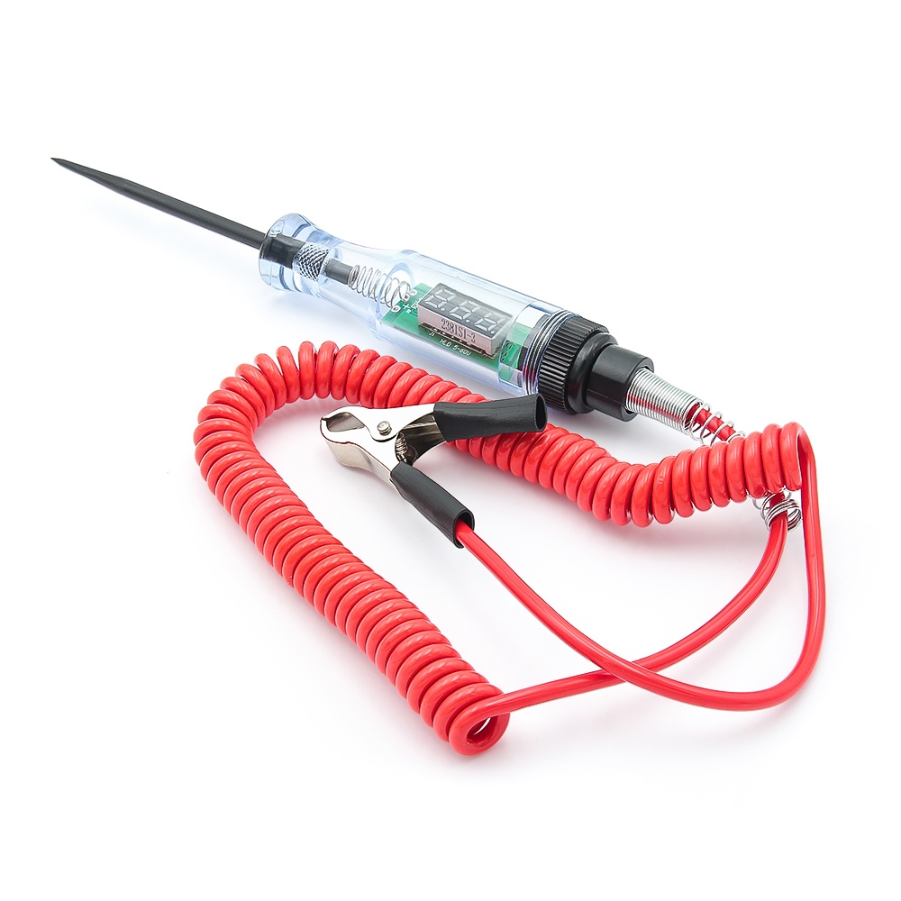 Tester tensiune auto 6–24V DC cu afisaj digital, cablu spiralat rosu, sonda metalica subtire, clema crocodil – verificare baterie, sigurante, conectori - 1 | YEO