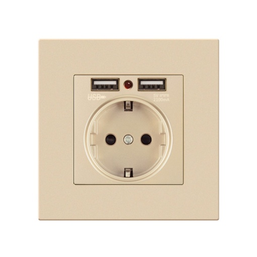 Priza de Perete cu 2 Porturi USB Techstar® TS-PC, 110-250V, 16A, Ignifuga, 86x86mm, Auriu