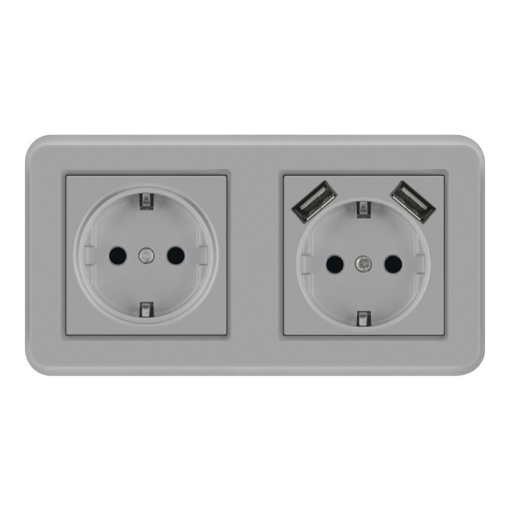 Priza Dubla De Perete cu 2 Porturi USB Techstar® TS-PC, 110-250V, 16A, Ignifuga, 80x151mm, Gri