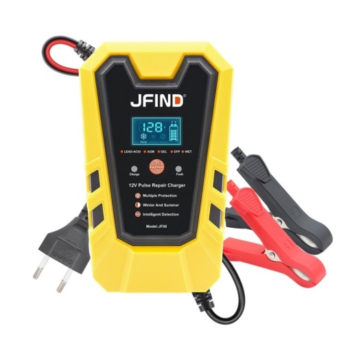 Resigilat Incarcator Inteligent pentru Baterie Auto Jfind, 12V, 6A, 90W, Functie Puls de Reparare, Afisaj LCD, Masina, Camion, Motocicleta, Galben/Negru