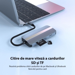Adaptor multifunctional 7 in 1 USB-C la HDMI Techstar® CYC7IN1B, HDMI 4K, LAN RJ45 Ethernet, 1 x USB 3.0, 1 x USB 2.0, Cititor De Carduri SD/TF, PD Port, Gri - Img 5