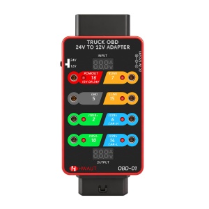 Adaptor OBD truck 24V la 12V vedere fata si spate, model OBD-01 cu breakout box 8 porturi