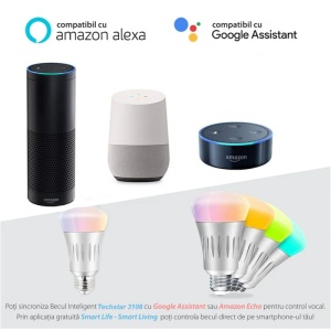 Bec LED RGB inteligent Techstar® 3106, Wifi 2.4GHz, E27, 7W, 600 lm, APP Tuya smart Life, compatibil Google Home si Amazon Alexa, Sistem Android/iOS, Alb - Img 8